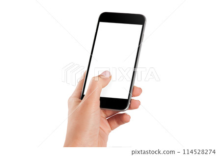 Female hand holding black cellphone with white screen at isolated background. 114528274