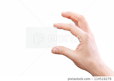 Male hand holding white business card at isolated background mockup. 114528279