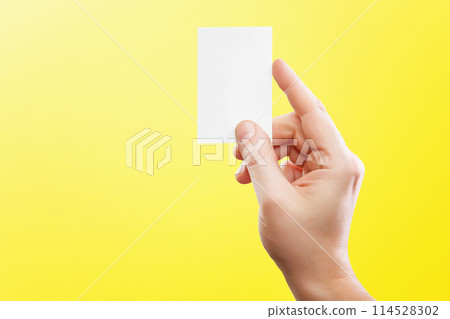 Male hand holding white business card at isolated yellow background mockup. 114528302