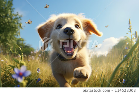 Whimsical wonder: adorable animation brings to life a cute and funny golden retriever puppy in a charming cartoon adventure full of playful antics and heartwarming moments. Whimsical wonder: adorable animation brings to life a cute and funny golden retriever puppy in a charming cartoon adventure full of playful antics and heartwarming moments. 114528308