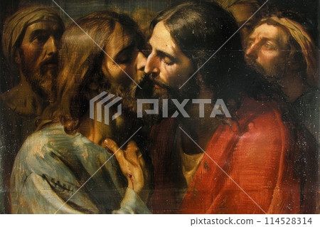 The kiss of judas: dramatic portrayal captures biblical betrayal, tension, and conflict as judas iscariot betrays jesus with a kiss, symbolizing spiritual depth and iconic christian symbolism 114528314