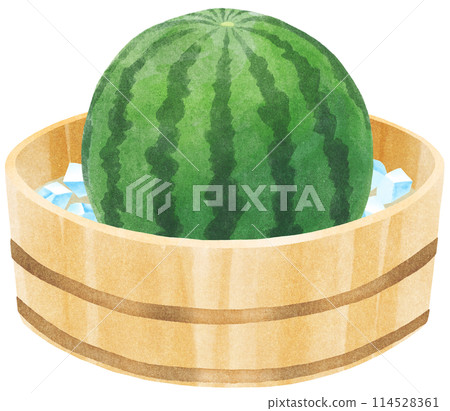 西瓜放在裝滿冰水的托盤中冷藏，水彩風格 114528361