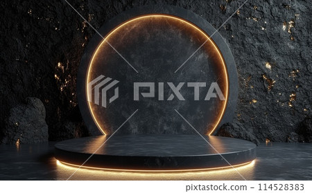 Versatile display: an empty podium, banner, and stand with ample copy space, offering a blank canvas for showcasing products, advertising, presentations, and versatile marketing opportunities. 114528383