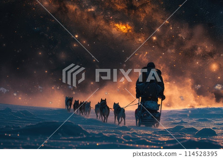 Frozen journey, person with sled of dogs traverses snowy antarctica, an epic adventure through icy landscapes with loyal canine companions, exploring the remote and pristine wildernes Frozen journey, person with sled of dogs traverses snowy antarctica, an epic adventure through icy landscapes with loyal canine companions, exploring the remote and pristine wildernes 114528395