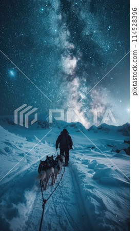 Frozen journey, person with sled of dogs traverses snowy antarctica, an epic adventure through icy landscapes with loyal canine companions, exploring the remote and pristine wildernes 114528396