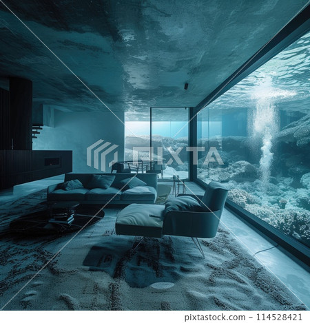 Submerged serenity: mesmerizing underwater house room reveals aquatic wonders through panoramic aquarium windows, a tranquil retreat in the heart of the deep blue Submerged serenity: mesmerizing underwater house room reveals aquatic wonders through panoramic aquarium windows, a tranquil retreat in the heart of the deep blue 114528421