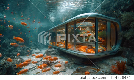 Submerged serenity: mesmerizing underwater house room reveals aquatic wonders through panoramic aquarium windows, a tranquil retreat in the heart of the deep blue 114528425