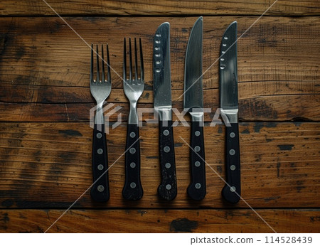 Dining essentials cutlery with a knife, spoon, and fork - stylish, functional, and timeless tools for the culinary enthusiast and modern table settings. 114528439