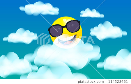 Sun in sunglasses character smiley cartoon, blue sky with clouds 114528461