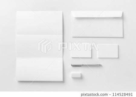 Corporate stationery set mockup. Blank white textured brand ID elements. 114528491