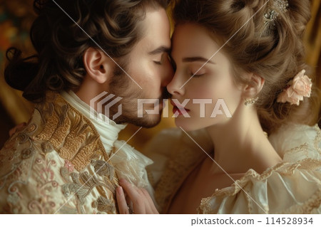 Capturing passion in the renaissance, victorian, and baroque era: a timeless love story portrayed by a couple in vintage attire, embracing the elegance, romance, and nostalgia of historical periods. 114528934