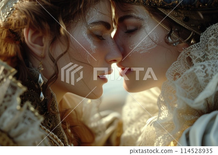 Capturing passion in the renaissance, victorian, and baroque era: a timeless love story portrayed by a couple in vintage attire, embracing the elegance, romance, and nostalgia of historical periods. 114528935