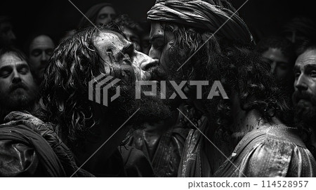 The kiss of judas: dramatic portrayal captures biblical betrayal, tension, and conflict as judas iscariot betrays jesus with a kiss, symbolizing spiritual depth and iconic christian symbolism The kiss of judas: dramatic portrayal captures biblical betrayal, tension, and conflict as judas iscariot betrays jesus with a kiss, symbolizing spiritual depth and iconic christian symbolism 114528957