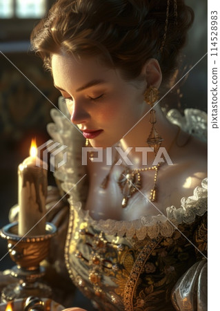 Elegant vintage: woman in baroque renaissance style clothing reminiscent of the victorian era, a timeless portrayal of grace and sophistication in historical fashion 19th century. 114528983