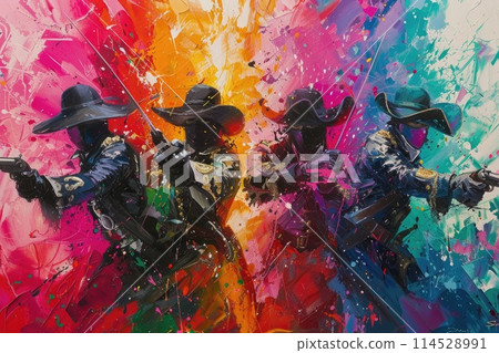 Elegant musketeer in historical attire, portraying bravery and chivalry in an enchanting renaissance setting, a symbol of classic heroism and adventure 114528991