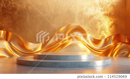 Versatile display: an empty podium, banner, and stand with ample copy space, offering a blank canvas for showcasing products, advertising, presentations, and versatile marketing opportunities. 114529069