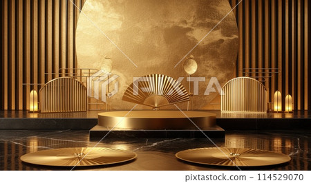 Versatile display: an empty podium, banner, and stand with ample copy space, offering a blank canvas for showcasing products, advertising, presentations, and versatile marketing opportunities. Versatile display: an empty podium, banner, and stand with ample copy space, offering a blank canvas for showcasing products, advertising, presentations, and versatile marketing opportunities. 114529070