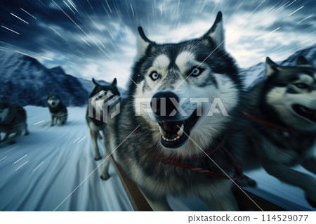 Frozen journey, person with sled of dogs traverses snowy antarctica, an epic adventure through icy landscapes with loyal canine companions, exploring the remote and pristine wildernes Frozen journey, person with sled of dogs traverses snowy antarctica, an epic adventure through icy landscapes with loyal canine companions, exploring the remote and pristine wildernes 114529077