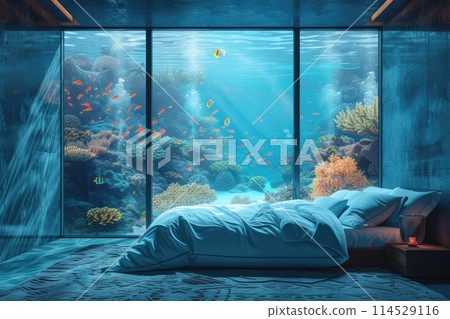 Submerged serenity: mesmerizing underwater house room reveals aquatic wonders through panoramic aquarium windows, a tranquil retreat in the heart of the deep blue 114529116
