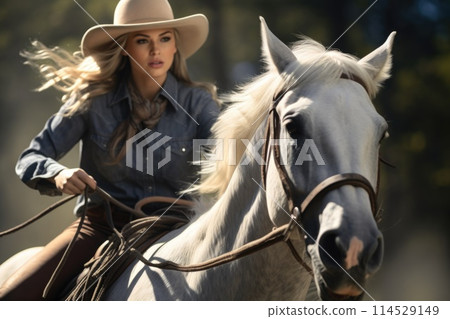 Elegant beauty of a cowgirl: grace meets grit, prairie echoes with the allure of a free-spirited, beautiful woman serene charm of a pretty girl, portrait of grace. 114529149