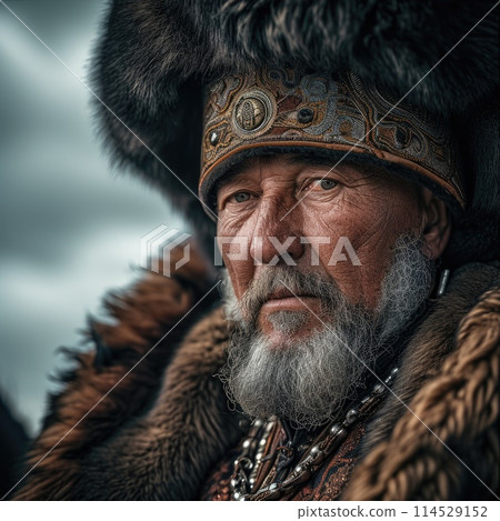 Tatar Mongols: nomadic warriors and conquerors, cultural legacy, military prowess, Eurasian steppes strength, traditional attire, resilience and the spirit of the historic nomadic lifestyle. 114529152