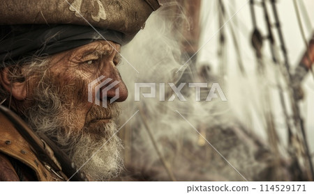 High seas adventure: a daring pirate, captivating piracy, treasure hunt, ship battle, adventure, danger, and the spirit of maritime legends 114529171