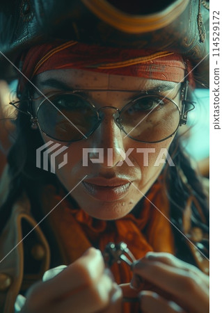 High seas adventure: a daring pirate, captivating piracy, treasure hunt, ship battle, adventure, danger, and the spirit of maritime legends 114529172