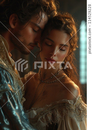 Capturing passion in the renaissance, victorian, and baroque era: a timeless love story portrayed by a couple in vintage attire, embracing the elegance, romance, and nostalgia of historical periods. 114529228