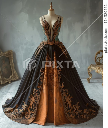 Elegance unveiled: a captivating display of a beautiful, luxurious evening gown gracefully adorning a mannequin, epitomizing timeless style and opulence for a glamorous and chic affair 114529231