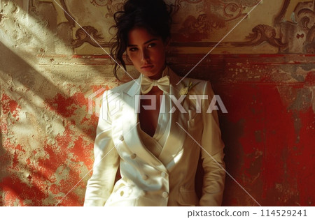 Elegance beautiful woman in business suit, tuxedo for wedding, blending professionalism with timeless bridal chic, embodying grace, style, sophistication for stunning celebration or meeting Elegance beautiful woman in business suit, tuxedo for wedding, blending professionalism with timeless bridal chic, embodying grace, style, sophistication for stunning celebration or meeting 114529241