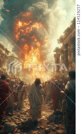 Pompeii tragedy: a haunting portrayal of the volcanic eruption's chaos, horror, and the people's plight, capturing the devastation and human tragedy in the ancient city's ruins Pompeii tragedy: a haunting portrayal of the volcanic eruption's chaos, horror, and the people's plight, capturing the devastation and human tragedy in the ancient city's ruins 114529257