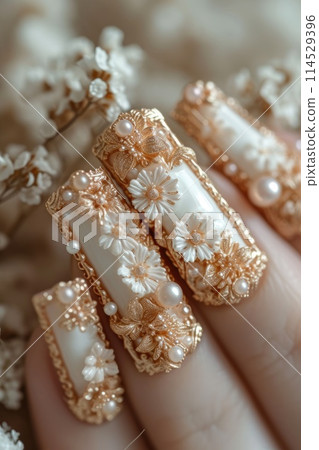 Nail art mastery: a captivating showcase of 3d three-dimensional elegance, featuring beautiful design adorning nails, blending creativity, style, intricate craftsmanship for a chic and trendy look. 114529396
