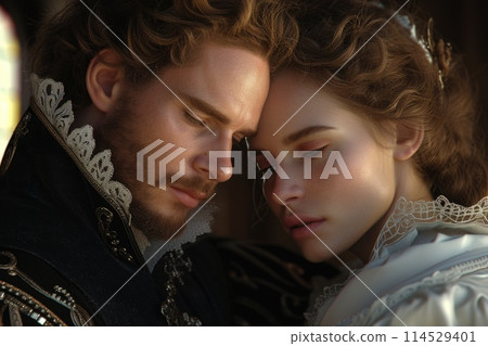 Capturing passion in the renaissance, victorian, and baroque era: a timeless love story portrayed by a couple in vintage attire, embracing the elegance, romance, and nostalgia of historical periods. Capturing passion in the renaissance, victorian, and baroque era: a timeless love story portrayed by a couple in vintage attire, embracing the elegance, romance, and nostalgia of historical periods. 114529401