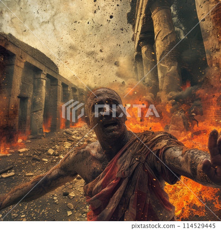 Pompeii tragedy: a haunting portrayal of the volcanic eruption's chaos, horror, and the people's plight, capturing the devastation and human tragedy in the ancient city's ruins 114529445