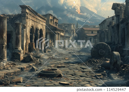 Pompeii tragedy: a haunting portrayal of the volcanic eruption's chaos, horror, and the people's plight, capturing the devastation and human tragedy in the ancient city's ruins 114529447