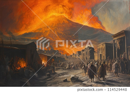 Pompeii tragedy: a haunting portrayal of the volcanic eruption's chaos, horror, and the people's plight, capturing the devastation and human tragedy in the ancient city's ruins 114529448