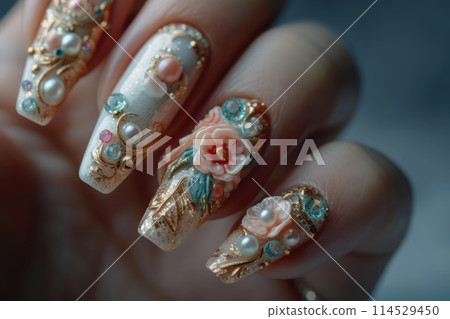Nail art mastery: a captivating showcase of 3d three-dimensional elegance, featuring beautiful design adorning nails, blending creativity, style, intricate craftsmanship for a chic and trendy look. 114529450