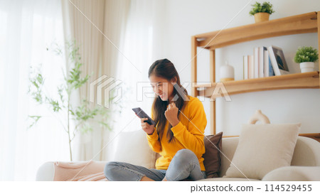 Happy young asian woman relax on comfortable couch at home texting messaging on smartphone Happy young asian woman relax on comfortable couch at home texting messaging on smartphone 114529455