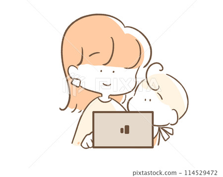 Mom using a computer with her child Mom using a computer with her child 114529472