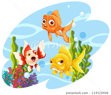 Colorful Goldfish Swimming in Aquatic Scene Colorful Goldfish Swimming in Aquatic Scene 114529498