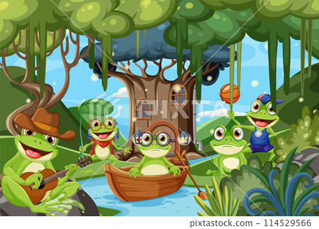 Frogs Enjoying Activities in a Forest 114529566