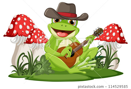 Cowboy Frog Playing Guitar Under Mushrooms Cowboy Frog Playing Guitar Under Mushrooms 114529585