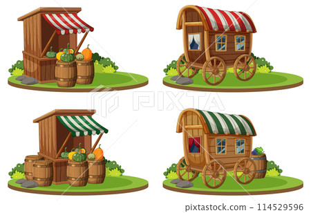 Rustic Market Stalls and Wooden Wagons 114529596