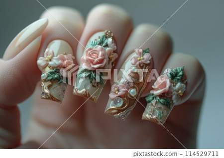 Nail art mastery: a captivating showcase of 3d three-dimensional elegance, featuring beautiful design adorning nails, blending creativity, style, intricate craftsmanship for a chic and trendy look. 114529711