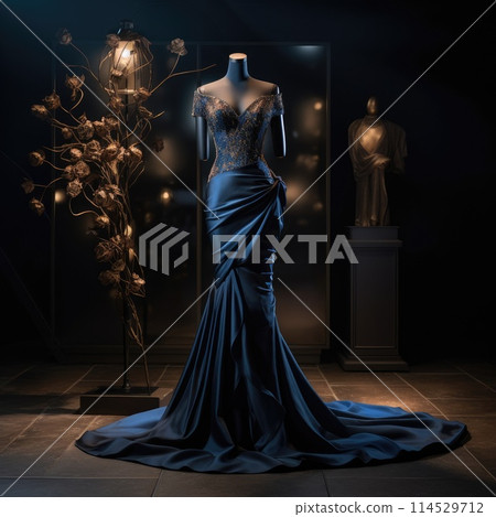 Elegance unveiled: a captivating display of a beautiful, luxurious evening gown gracefully adorning a mannequin, epitomizing timeless style and opulence for a glamorous and chic affair 114529712