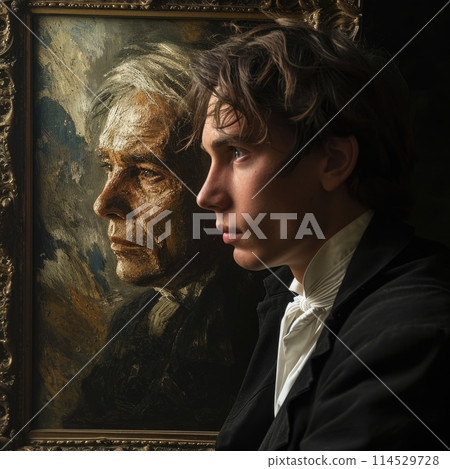 The enigmatic young man, poised beside his aging portrait, sparks a mystical tale of eternal charm and hidden enigma, painting concealing his aging years, wrapped in an enigmatic shroud of mystery. 114529728