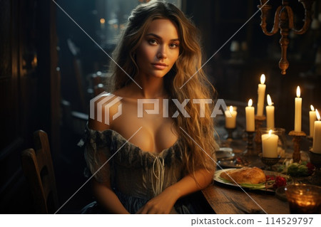 Pretty lady. In the enchanting ambiance of a tavern, a beautiful girl captivates with her charm, adding allure to the conviviality of this social gathering. 114529797