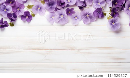 Upper border of beautiful small violet flowers on wooden white background, copy space. Upper border of beautiful small violet flowers on wooden white background, copy space. 114529827