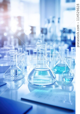 Chemical laboratory, glassware with blue liquid on glossy table surface, vertical image, selective focus. Chemical laboratory, glassware with blue liquid on glossy table surface, vertical image, selective focus. 114529828