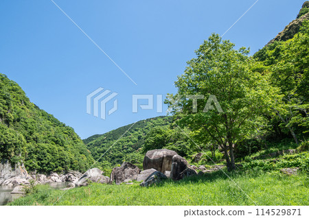 京都府笠置町笠置巨石的新綠木津川風景 京都府笠置町笠置巨石的新綠木津川風景 114529871